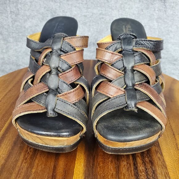 Bed Stu Sandals Women's 7 Brown Black Leather Gina Wedge Straps Slip On Platform - Picture 2 of 11